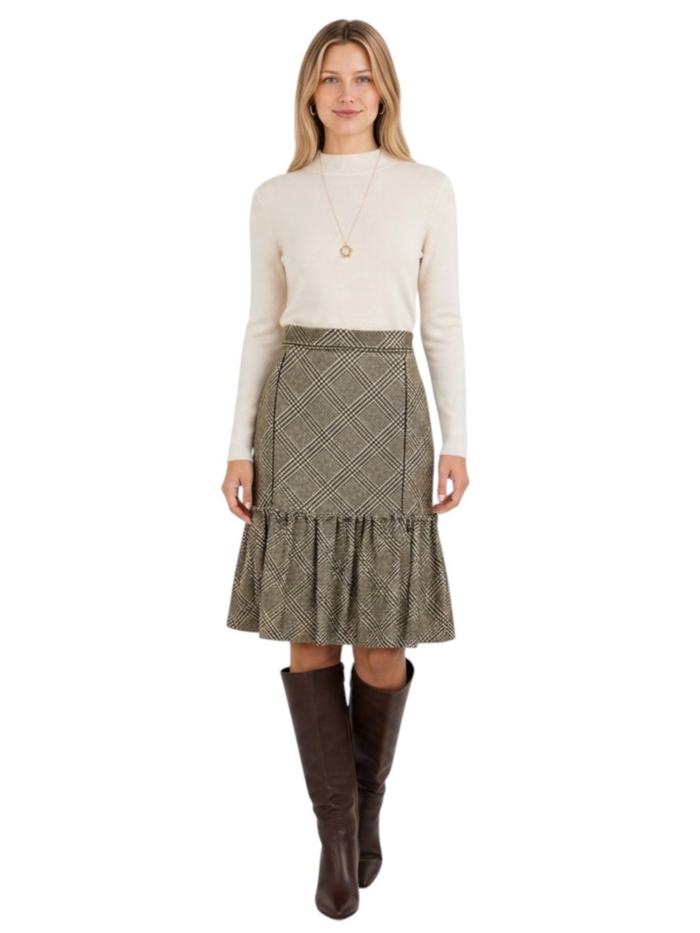 Oscar de la Renta Beige / Brown / Green Multi Houndstooth Plaid Cashmere Skirt - Picture 4 of 5